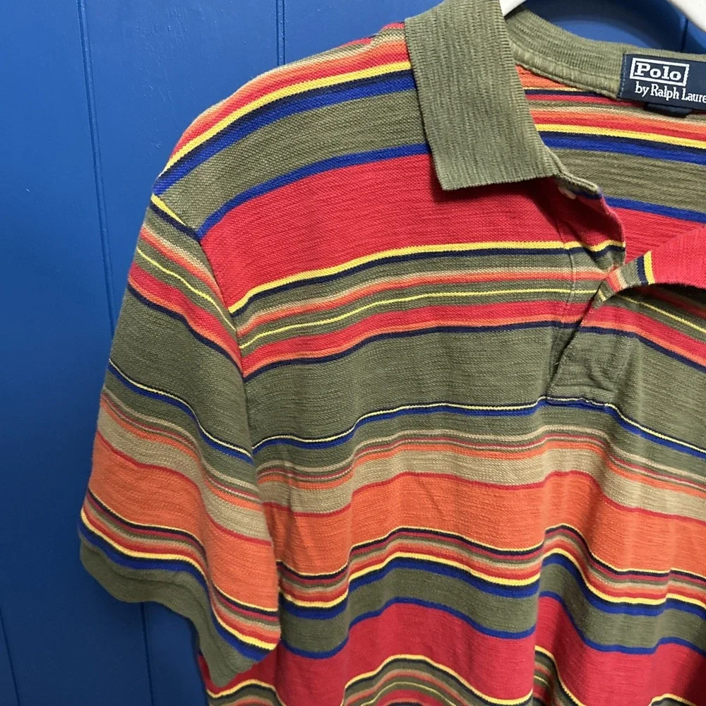 Polo Ralph Lauren Mens L Striped Polo Green Orange Red Yellow Pony 90s‎ Urkel